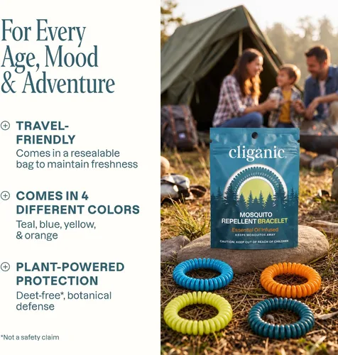 Vista 2 de Cliganic Paquete de 20 pulseras repelentes de mosquitos, bandas impermeables sin DEET