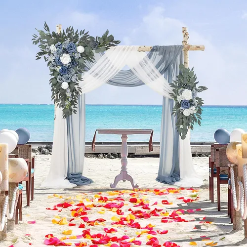 Vista 2 de Ting's time Juego de flores para arco de boda con cortinas (paquete de 4), 2 guirnaldas florales azul polvoriento y 2 cortinas de tela