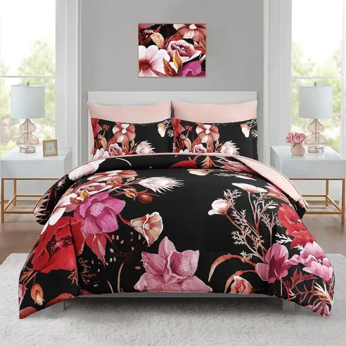 Vista 10 de Luxudecor Juego de edredón floral tamaño individual de 7 piezas, cama de flores aguamarina en una bolsa, elegante edredón floral degradado con juego