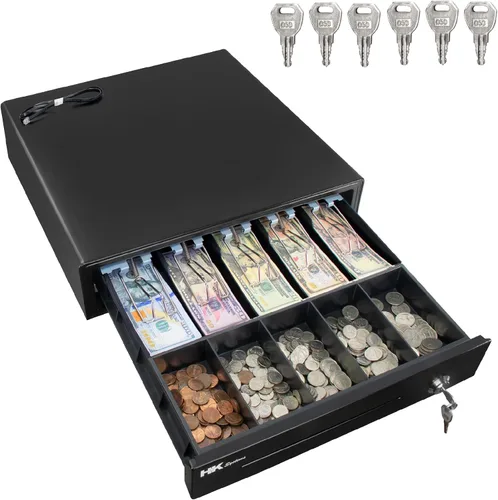 Vista 10 de HK SYSTEMS Cajón de efectivo negro resistente frontal de 16 pulgadas "acero inoxidable" con 5Bill/5Coin