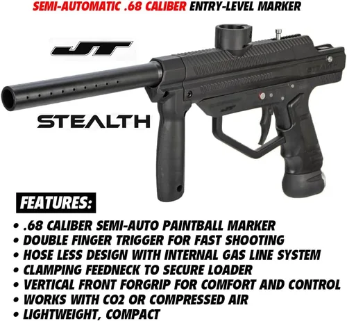 Vista 3 de Maddog JT Stealth Paintball Gun Marker and Accessory Starter Packages [CO2] Marker, 20oz CO2 Tank, Mask, Hopper, Pods, Harness & Protective Gear