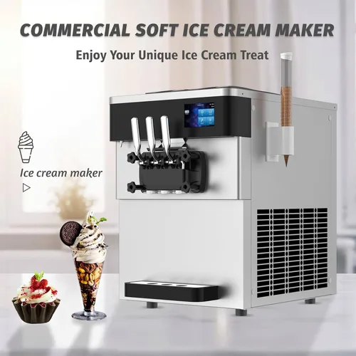 Vista 2 de Máquina comercial para hacer helados, 110 V, 2200 W, 3 sabores para encimera, suave, 5,3 a 7,4 galones/H, preenfriamiento, pantalla táctil LCD