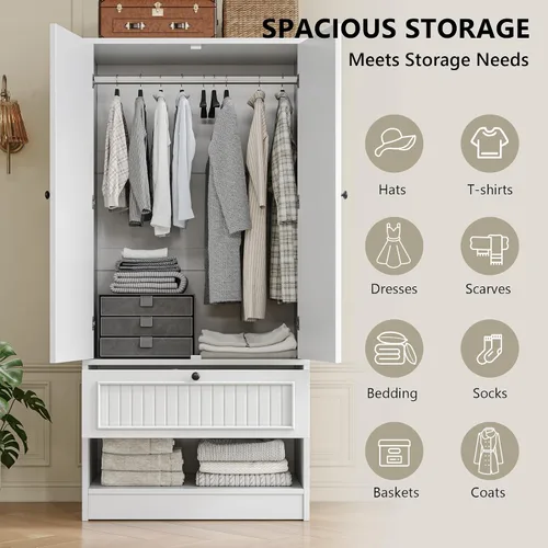 Vista 9 de iPormis Armario de madera con puerta de espejo y cajón, armario para recámara con 2 puertas para colgar ropa, color blanco