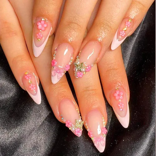 Vista 10 de Nude French Tip Acrylic Medium Almond Press on Nails Flower Fake Nails LHD-Almond-006-03