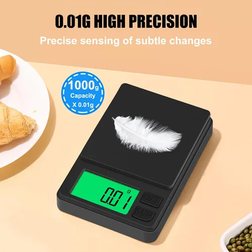 Vista 6 de Báscula de bolsillo digital 1000g x 0.01g, Diyife báscula de gramo portátil de precisión para joyería con cubierta protectora, apagado automático