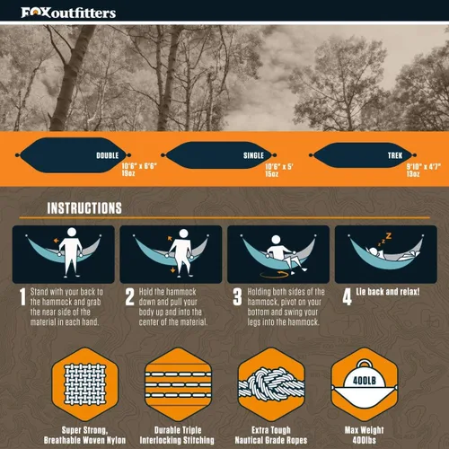 Vista 2 de Fox Outfitters Neolite - Hamaca doble para campamento, ligera, portátil, de nailon, para mochileros, viajes, playa, patio, correas de hamaca
