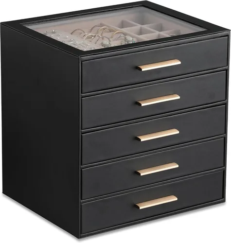 Vista 15 de Frebeauty Joyero para mujer, organizador de joyas con tapa transparente con 3 cajones Marrón Oscuro