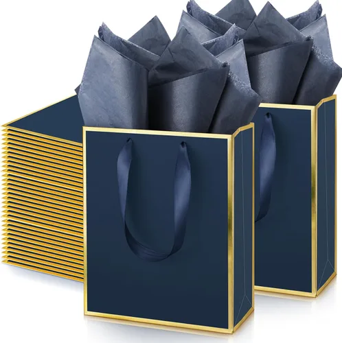 Vista 26 de Yeaqee Paquete de 100 bolsas metálicas de regalo con asa y papel de seda de papel de seda dorado para graduación, boda, padrinos de boda, regalos