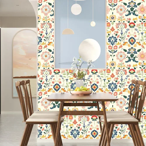 Vista 3 de ILHIIOR Papel tapiz floral rosa para despegar y pegar, papel de contacto con hojas bohemias, flores amarillas, extraíble, autoadhesivo, impermeable