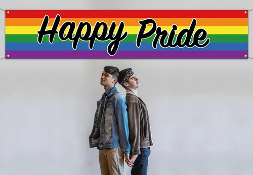 Vista 3 de Nepnuser Cartel de valla con texto en inglés «Happy Pride Fence Banner Rainbow LGBTQ+», cartel grande para decoración de jardín y patio delantero