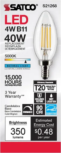 Vista 5 de Satco S21268/06 - Bombillas LED E12 de 4 W, 5000 K, clasificación de 15000 horas, regulables, paquete de 6