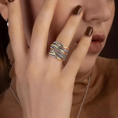 Vista 3 de Mytys - Anillos de banda ancha trenzados, anillo de cuerda torcida, anillos de declaración trenzados de dos tonos de metal mixto, joyería de moda