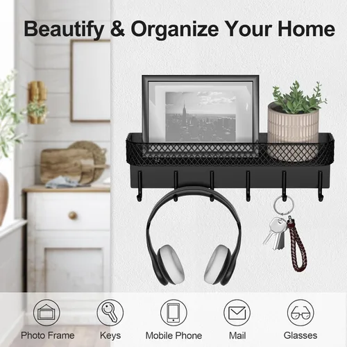 Vista 4 de Lwenki Soporte para llaves de pared – Colgador decorativo de acero inoxidable con 6 ganchos para sombreros, bolsos, correas – Organizador de correo