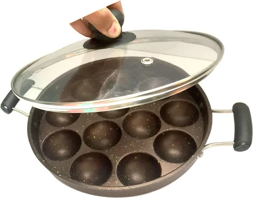 Vista 3 de G & D GD Appam Patra Appam - Molde antiadherente con tapa de cristal, para panqueques Appa Chetty Paniyaral, 12 cavidades de diámetro de 9 pulgadas