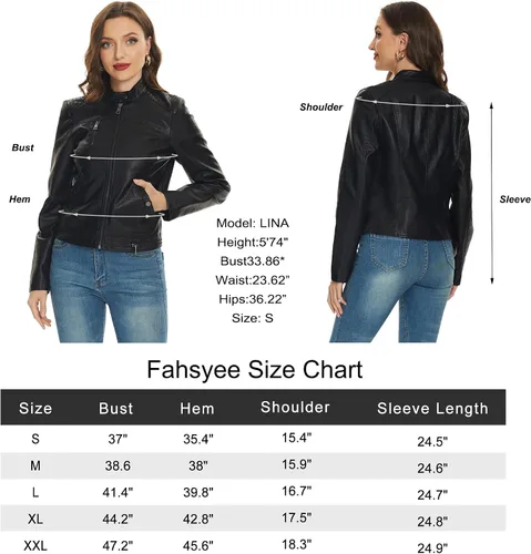 Vista 6 de Fahsyee Chaquetas negras de piel sintética para mujer, abrigo de motocicleta de PU para motociclista