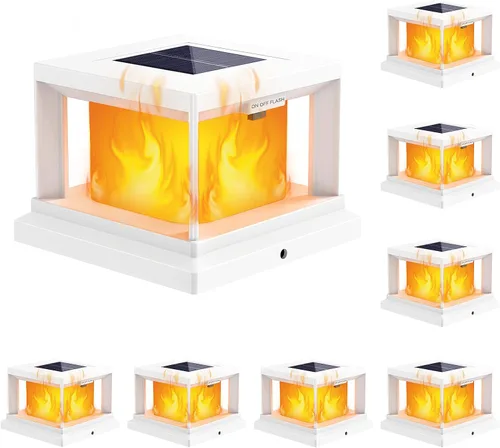 Vista 10 de Paquete de 8 luces solares para exteriores, luces solares impermeables para punta de poste de 4 x 4 con llama parpadeante, luces de poste de alta