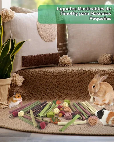 Vista 7 de ERKOON 53 juguetes masticables de conejo para dientes de conejos, juguetes naturales de conejo con palitos de madera de manzana, zanahoria, hierba