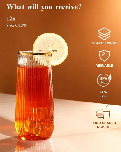 Vista 5 de BESTSTAR 24 Pack Plastic Ribbed Origami Ripple Plastic Glasses Set - 12 9 OZ Stemless Champagne Flutes & 12 12OZ Cups, BPA-Free Shatterproof Clear