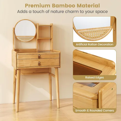 Vista 5 de Escritorio de tocador bohemio con espejo, mesa de tocador de maquillaje de bambú con 2 cajones de almacenamiento, estantes de gabinete y mesa