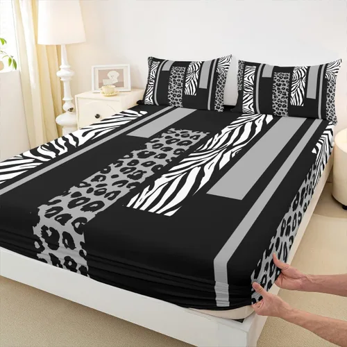 Vista 37 de Sábana bajera ajustable con estampado de leopardo, tamaño individual, juego de ropa de cama rústica con rayas de piel de cebra, decoración