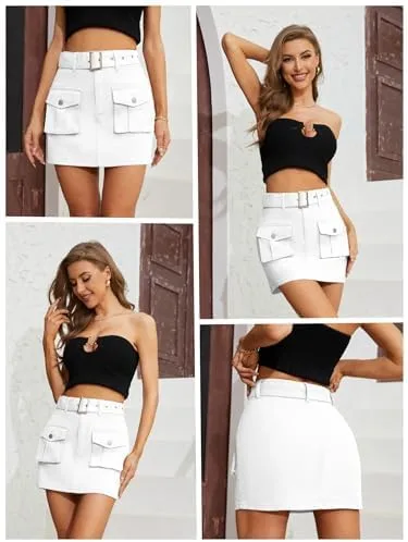 Vista 4 de Falda cargo para mujer, minifalda cargo para mujer, falda de mezclilla con cinturón y bolsillo