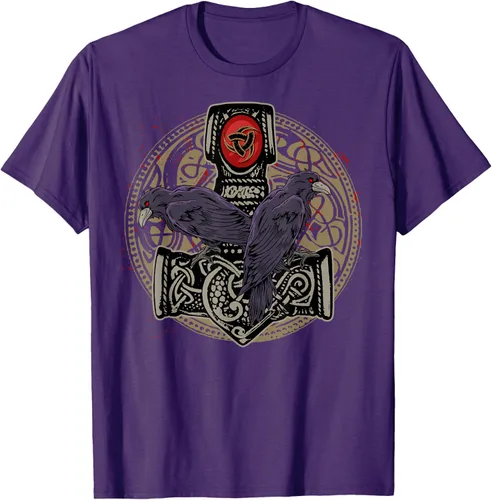 Vista 54 de Thors Hammer Mjolnir Huginn and Muninn Odin Raven - Camiseta, Negro, S