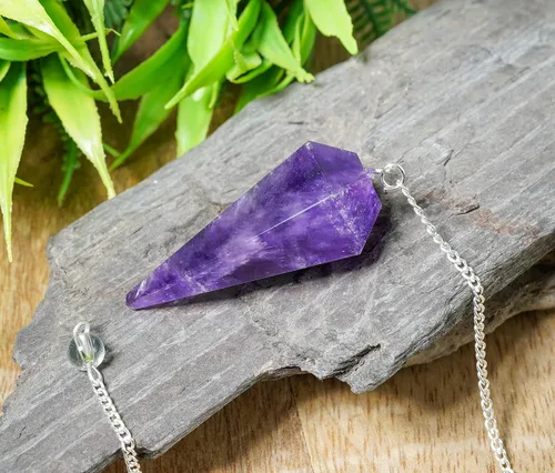Vista 4 de Crocon Péndulo de cristal curativo de amatista para adivinación de radiestesia, 6 facetas puntiagudas, curación reiki, cuarzo, bruja, Wicca