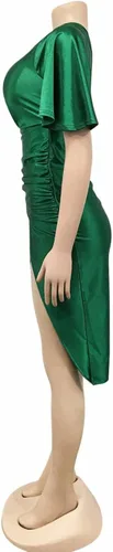 Vista 4 de Aro Lora - Vestido sexy para mujer corto, de satén, asimétrico, fruncido, ajustado (bodycon), de un solo hombro para fiesta de noche