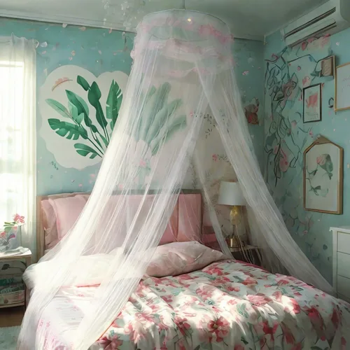 Vista 13 de Dosel de Cama de Encaje Mosquitera con Luces Cálidas, Dosel de Cama de Princesa para Decoración de Habitación de Niñas, Azul/Una Entrada Luces
