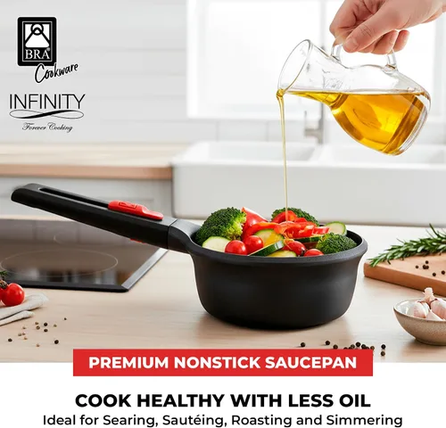 Vista 3 de BRA COOKWARE Infinity - Cacerola antiadherente con tapa de vidrio, olla de 6.3 pulgadas y 1.2 cuartos de galón de profundidad, olla de sopa sin