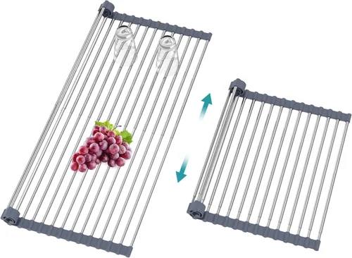 Vista 8 de BBXTYLY Estante Extra Expandible Enrollable para Secar Platos, Cubierta de Fregadero sobre el Lavabo, Accesorios de Cocina, Escurridor Enrollable