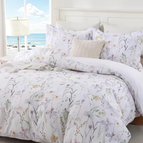 Vista 26 de JOLLYVOGUE Juego de funda de edredón floral tamaño matrimonial, 3 piezas Flores beige (sin edredón)