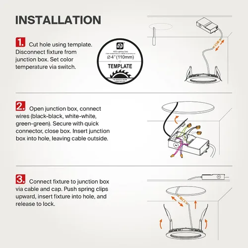Vista 8 de ASD Luz empotrable con clasificación de fuego de 4 pulgadas, 5 colores 2700 K/3000 K/3500 K/4000 K/5000 K, 840 lúmenes, clasificación de fuego de 2
