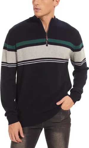 Vista 3 de MAGCOMSEN Suéteres para hombre con cremallera de 14, casuales, a rayas, suéteres tipo polo para otoño e invierno