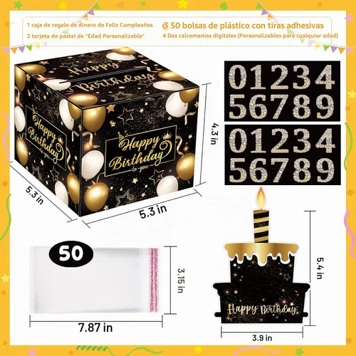 Vista 5 de Caja de regalo de cumpleaños con calcomanías de bricolaje para cualquier edad, soporte de dinero sorpresa para regalo en efectivo con tarjeta