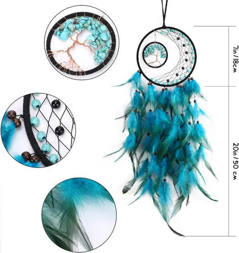 Vista 4 de Atrapasueños azul cian, atrapasueños árbol de la vida, decoración de pared para dormitorio, atrapasueños hecho a mano con piedra de cristal Cian-azul