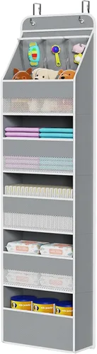 Vista 29 de Univivi Organizador para colgar sobre la puerta con 5 estantes de tela, organizador de almacenamiento para puerta con 4 bolsillos grandes y 3