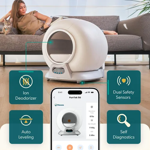 Vista 3 de Petcove PurrTek - Caja de arena autolimpiante automática para varios gatos, con control inteligente de aplicación (Wi-Fi de 5 GHz), triple control