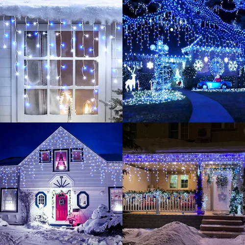 Vista 6 de Toodour Luces de Carámbano de Navidad Blancas y Azules, 29.5 pies, 360 Luces LED de Carámbano, 8 Modos, 60 Gotas, Luz LED de Navidad para Cortina