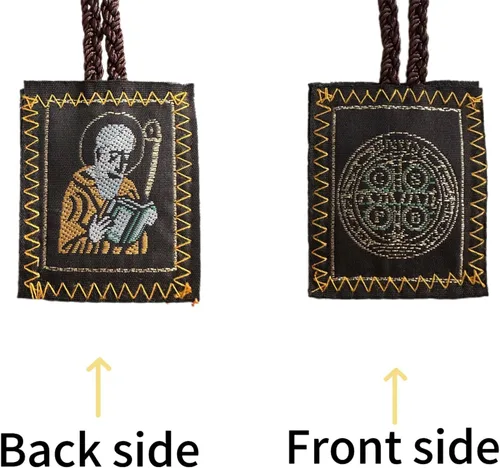 Vista 2 de Collar de Escapulario Rojo de San Benito, paquete de 2, cordón marrón, colgante de medalla católica del Escapulario San Benito con espejo retrovisor
