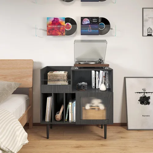 Vista 7 de HedoAjim Soporte grande para tocadiscos con almacenamiento de vinilo, soporte para tocadiscos con puerta acrílica, mesa auxiliar para tocadiscos