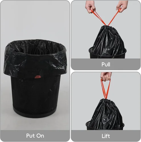 Vista 3 de Bolsas de basura con cordón de cocina de 6 galones, bolsas de basura negras de plástico, 2 rollos, 110