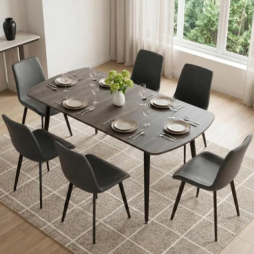 Vista 23 de ZckyCine Juego de mesa de comedor extensible de 6 piezas, moderna mesa de madera gris de 63 a 79 pulgadas con 6 sillas de tela gris, mesa de comedor
