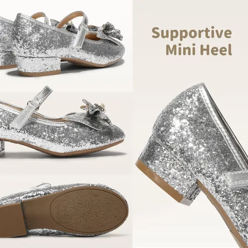 Vista 4 de DREAM PAIRS Zapatos de vestir para niñas, zapatos de princesa para niñas pequeñas, zapatos de tacón bajo Mary Jane con purpurina para fiesta