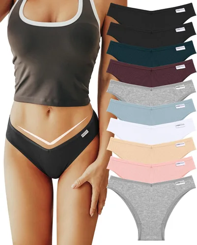 Vista 14 de FINETOO Ropa interior de algodón para mujer, sexy, elástica, de tiro bajo, hipster, suave, con cintura en V Negro