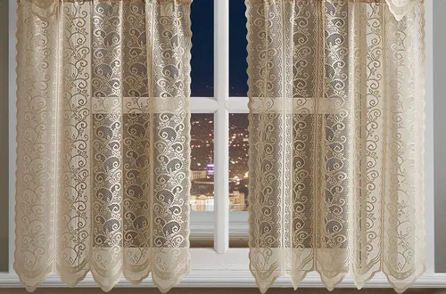 Vista 3 de Warm Home Designs El paquete de 3 cortinas de lino dorado para ventana de cocina incluye 2 niveles de 24 pulgadas y cenefa con festón. Juego