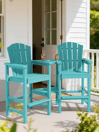 Vista 3 de KINGYES Aruba - Juego de 4 sillas Adirondack altas de HDPE con bandejas de conexión dobles, silla Adirondack de altura de barra en relieve para 2