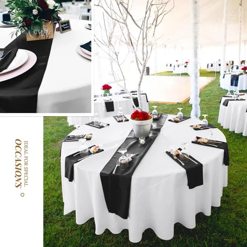 Vista 8 de Paquete de 24 caminos de mesa de satén negro de 12 x 72 pulgadas de largo, seda brillante, tela suave, dorada, para fiesta, boda, recepción