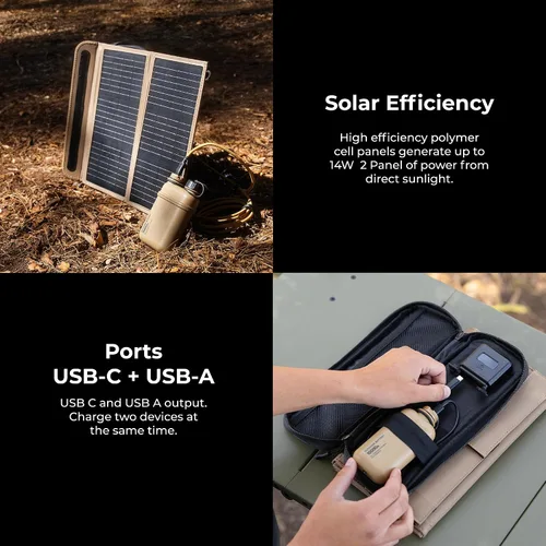 Vista 4 de NESTOUT Panel solar portátil, puertos USB-C y USB-A, cargador solar de 14 W para campamento, nailon Ripstop repelente al agua, diseño compacto