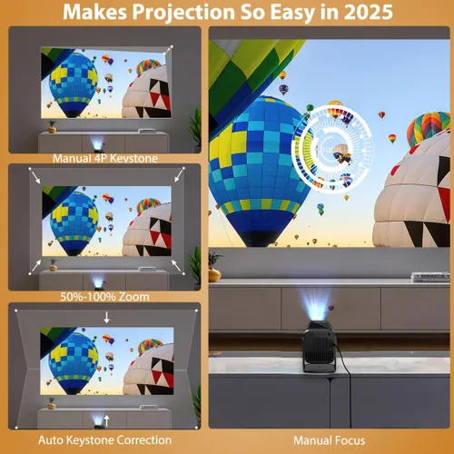 Vista 4 de Smart 2025: proyector portátil listo para 4K con Android 13 500 lúmenes ANSI WiFi 6 Luz azul baja